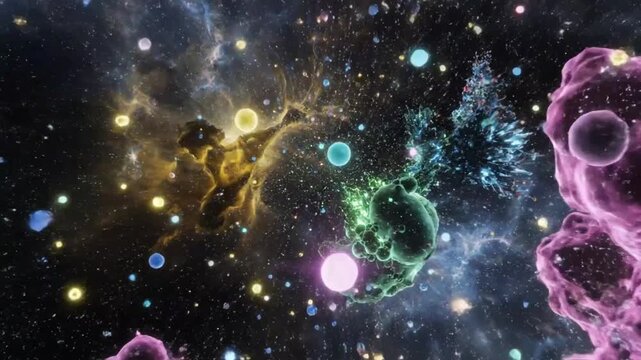 Abstract cosmic explosion showcasing colorful nebulas, swirling galaxies, and glowing celestial bodies scattered across deep space