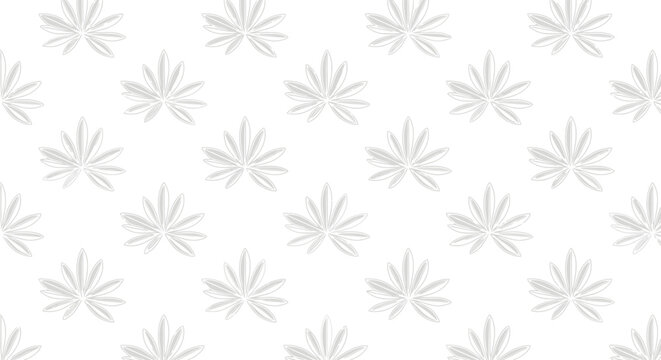 Seamless pattern of stylized white cannabis leaves on a white background, abstract botanical design