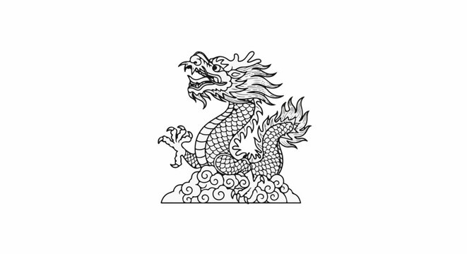 Detailed black and white drawing of a mythical dragon coiled on clouds