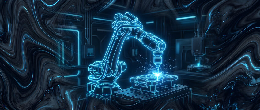 Blue neon industrial robotic arm performing welding operation in a futuristic factory setting