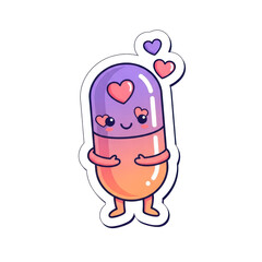 Fototapeta premium Happy cartoon medicine capsule with hearts sticker illustration