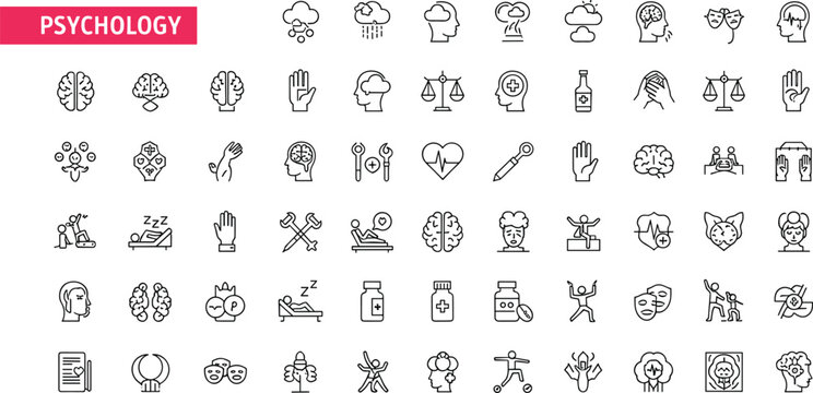Set of Psychology Icons Featuring Brains Human Profiles Scales of Justice Therapy Sessions and Emotional Expressions for Mental Health and Behavioral Science Graphic Designs