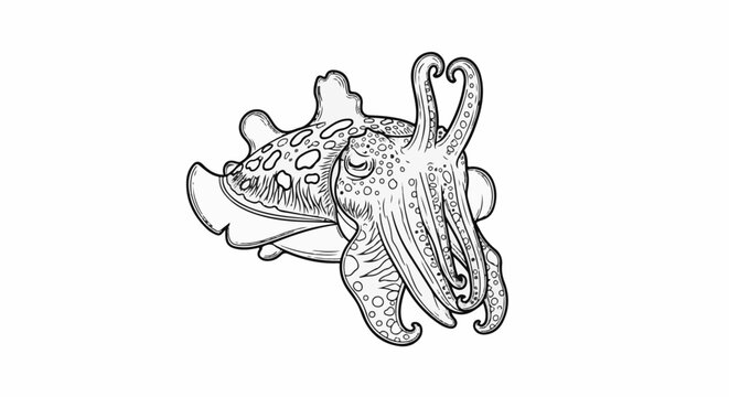 Detailed ink sketch of a cuttlefish with wavy tentacles and patterned skin