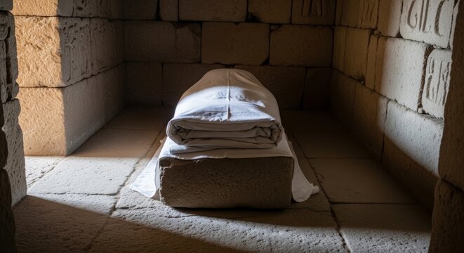 Ancient tomb sarcophagus with white shroud, stone crypt interior, historical burial chamber.