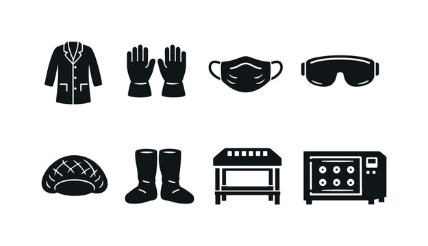 Cleanroom Equipment Illustration. Filled icon set of Cleanroom Equipment Illustration: lab coat, gloves, face