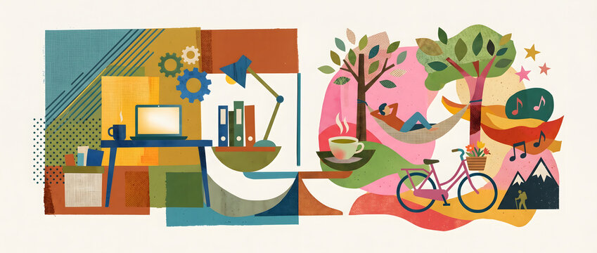 Illustrated collage of work study and leisure lifestyle scenes with vibrant colors and flat design elements