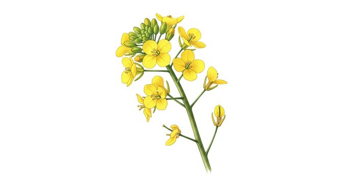 Bright yellow canola flowers on green stem, isolated on white background, botanical illustration