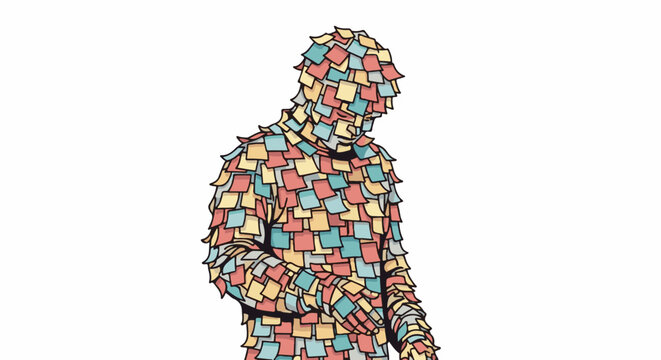 Human figure covered in colorful sticky notes, head downcast