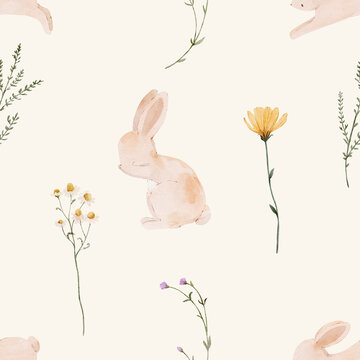 Seamless watercolor bunny and wildflower pattern in soft tones. Cute woodland design feels gentle and warm and perfect for nursery or fabric.