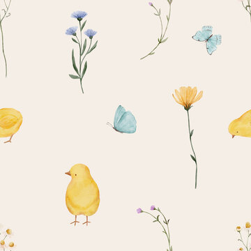 Seamless watercolor pattern with wildflowers butterflies and chicks. Cute spring composition feels soft and playful and perfect for nursery or textile.