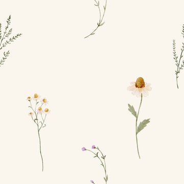 Seamless watercolor wildflower pattern with minimal botanical elements. Soft delicate design feels calm and elegant and perfect for textile or background.
