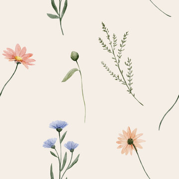 Seamless watercolor wildflower pattern with scattered botanical elements. Soft natural design feels light and elegant and perfect for textile or wallpaper.