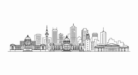 Obraz premium Black and white line drawing of a city skyline with various buildings and a tower