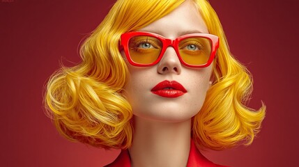 Fototapeta premium Bold yellow curls frame a confident gaze. Red sunglasses reflect a vibrant, playful energy. Lips painted red echo the bold color scheme. Studio lighting highlights every detail with rich saturation