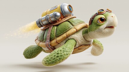 Naklejka premium Cute turtle wears goggles and jetpack. Jetpack emits bright flame as turtle flies. Soft textures and gentle expression add charm. Ideal for whimsical or adventurous themes