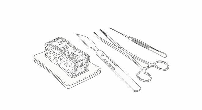A medical illustration of surgical instruments and a layered specimen