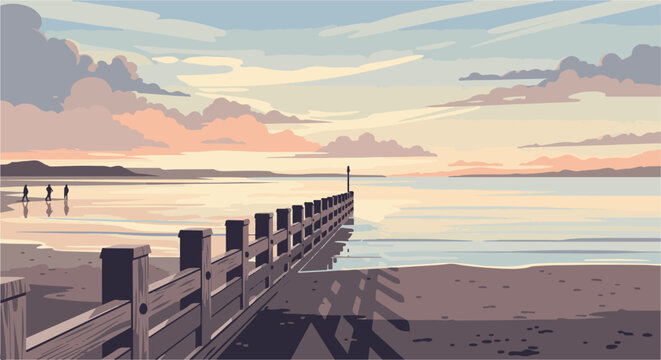 Serene pixel art depicts figures walking along a wooden pier at low tide during sunset