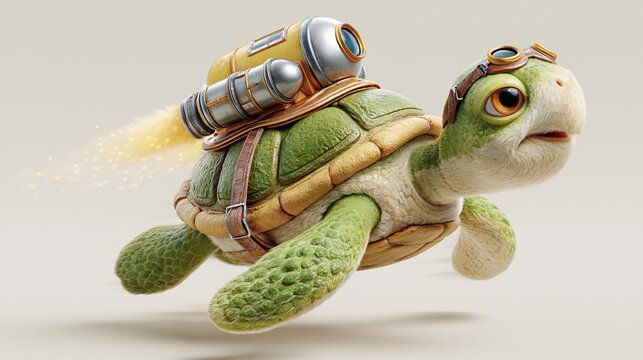 Cute turtle wears goggles and jetpack. Jetpack emits bright flame as turtle flies. Soft textures and gentle expression add charm. Ideal for whimsical or adventurous themes