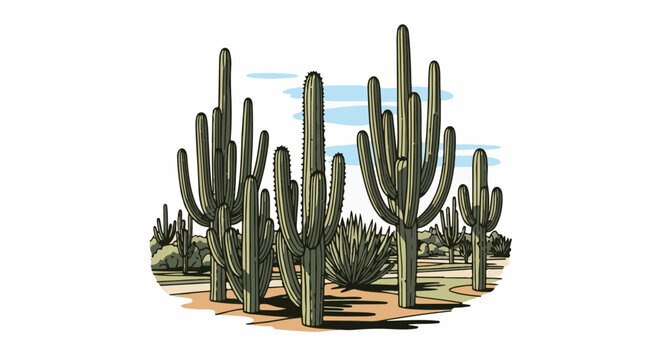 A desert landscape illustration features several tall saguaro cacti and smaller plants under a blue sky