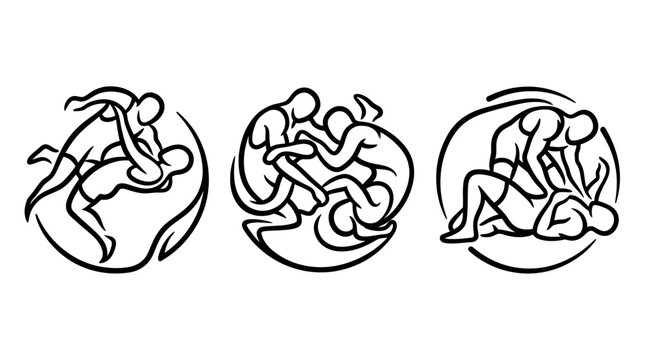 Dynamic Black and White Illustrations of Wrestling Athletes in Action.