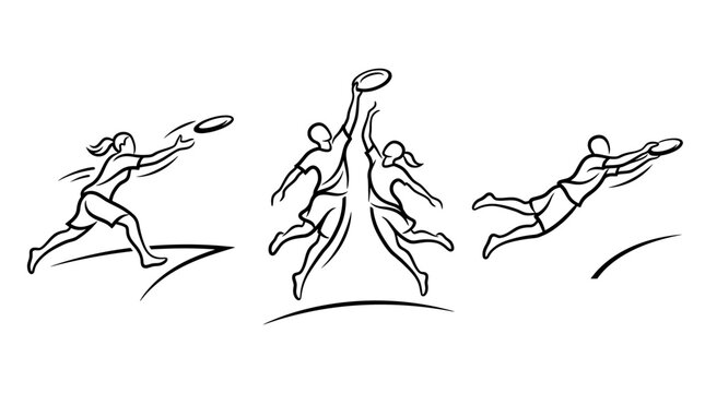 Dynamic Black and White Illustrations of Ultimate Frisbee Action.