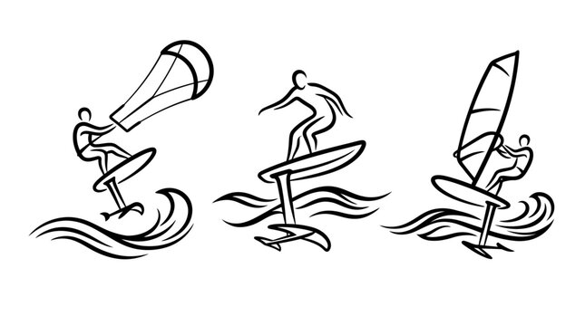 Dynamic Illustrations of Watersports - Kite Surfing, Foil Surfing, and Windsurfing.