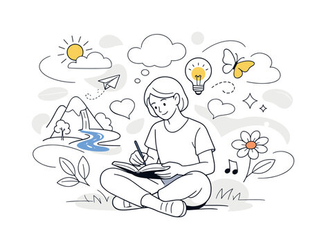 Spring reflection writing. A person journaling outdoors, abstract shapes of thoughts, ideas and nature