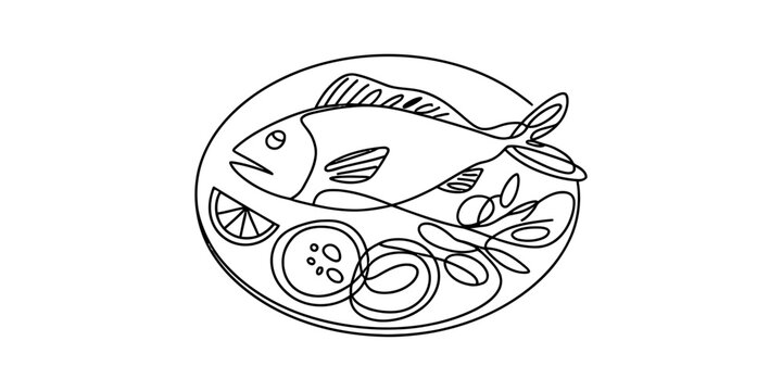 Continuous line drawing of a delicious cooked fish served on a plate with fresh lemon and herbs. Vector, illustration