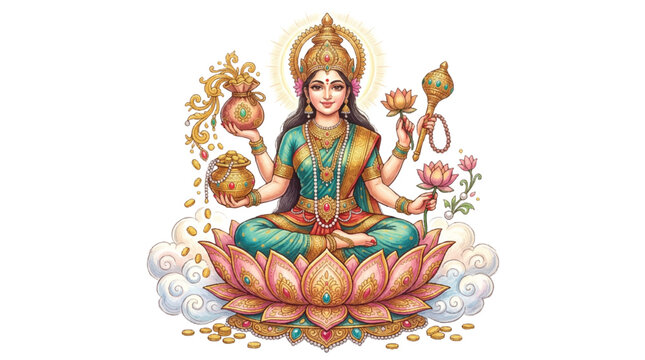 Hindu Goddess Lakshmi Sitting on Lotus Flower, Abundance, Wealth, Prosperity, Good Fortune, Gold Coins