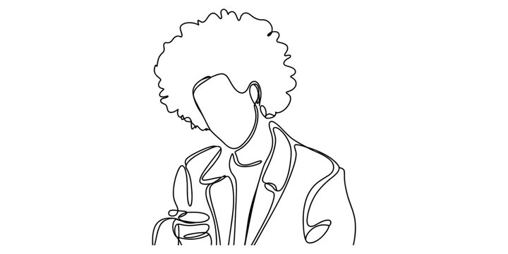 Minimalist continuous line drawing of a person with a large afro hairstyle wearing a jacket. Vector, illustration