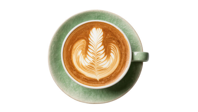 Top view of latte art coffee in a green ceramic cup and saucer, isolated on transparent background