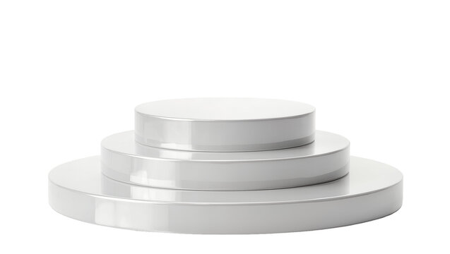 Tiered circular podium display stands with reflective metallic surface, isolated on transparent background