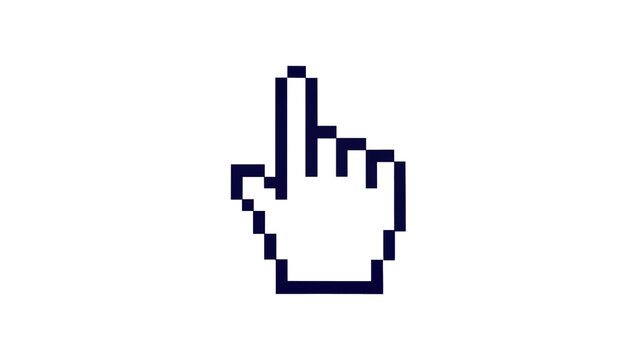 Pixelated dark blue hand cursor pointing upwards, isolated on transparent background
