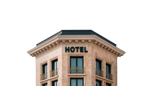 Elegant stone hotel building with ornate balconies, isolated on transparent background