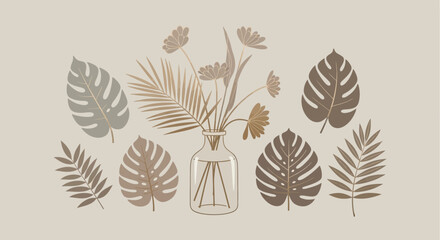 Obraz premium Elegant botanical arrangement with monstera and palm leaves in neutral tones