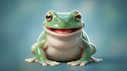 Obraz premium A happy green frog with wide eyes and an open mouth sits on a blue background amphibian white