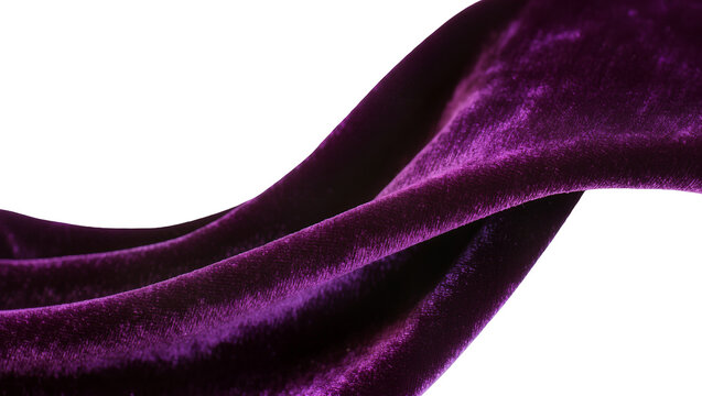 Deep purple velvet fabric draped in soft folds, isolated on transparent background