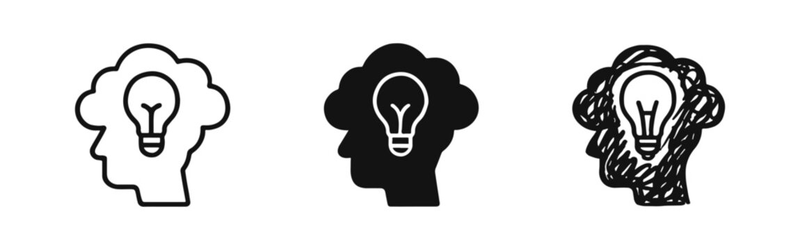 Head silhouette with lightbulb and thought cloud icon set for brainstorming and creative ideas