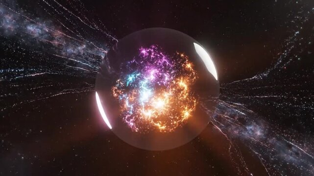 Abstract futuristic view of an exploding energy sphere inside a transparent bubble in space with star particles.