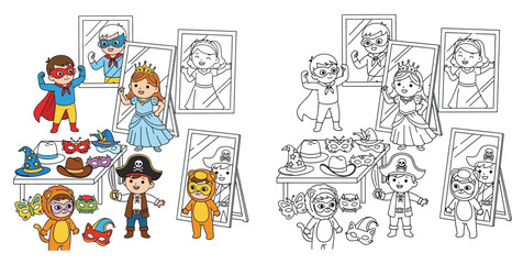 Kids Dressing Up in Costumes Coloring Page Set with Superhero Princess and Pirate Characters Festive Activity for Children Vector Illustration © MstKhalada