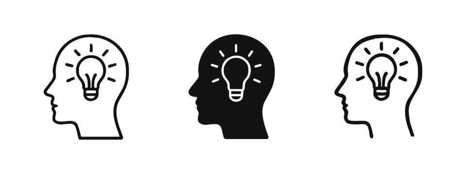 Human head with glowing light bulb icon set representing innovative ideas and insight