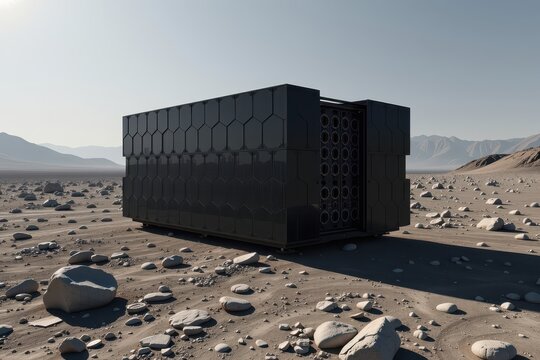 A monolithic computing engine covered in hexagonal, black solar panels absorbing harsh, unfiltered sunlight on a barren moon.