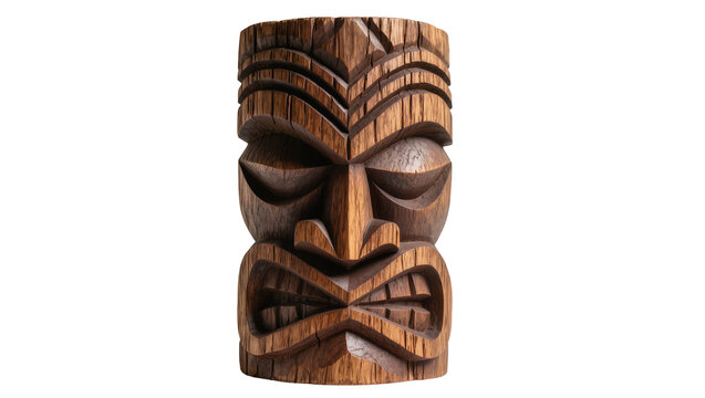 Carved wooden tiki statue with angry expression, isolated on transparent background