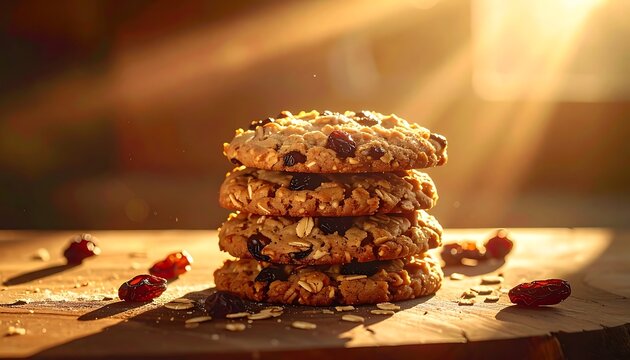 A stack of cookies on a table with scattered toppings