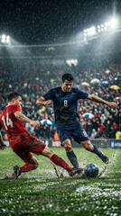 Naklejka premium Two soccer players competing for the ball on a rainy field at night