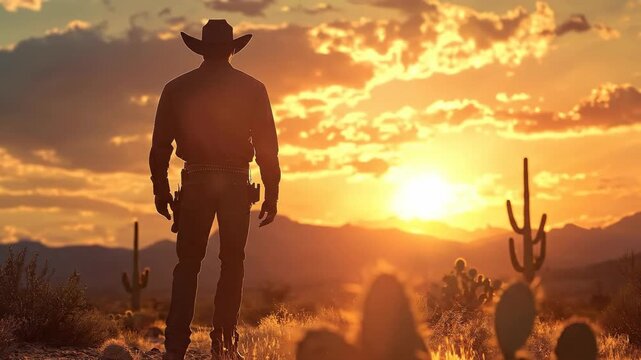 Cowboy, solitary figure standing against a vibrant golden desert horizon, contemplating vast arid landscape, experiencing freedom, rugged wilderness, exploring expansive open terrain.
