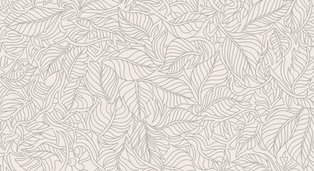 Beautiful intricate seamless pattern of abstract outlined botanical leaves and swirling vines creates a natural organic background texture, perfect for textile design and digital wallpapers. © Mudassir
