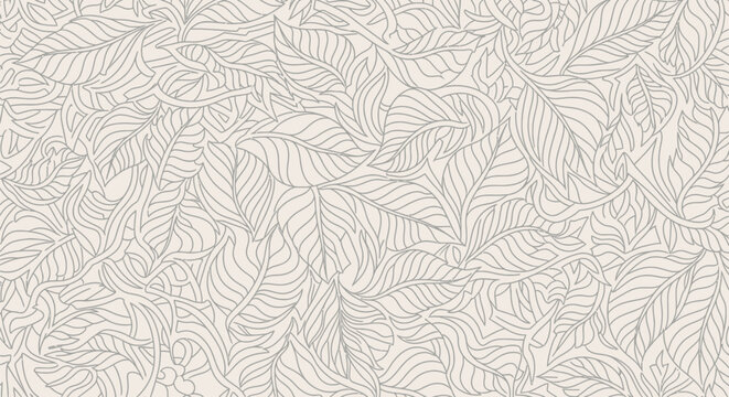 Beautiful intricate seamless pattern of abstract outlined botanical leaves and swirling vines creates a natural organic background texture, perfect for textile design and digital wallpapers.