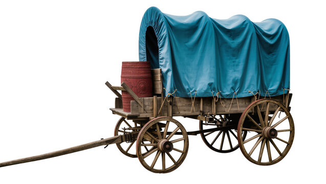Old wooden covered wagon with blue tarp and red barrels, isolated on transparent background