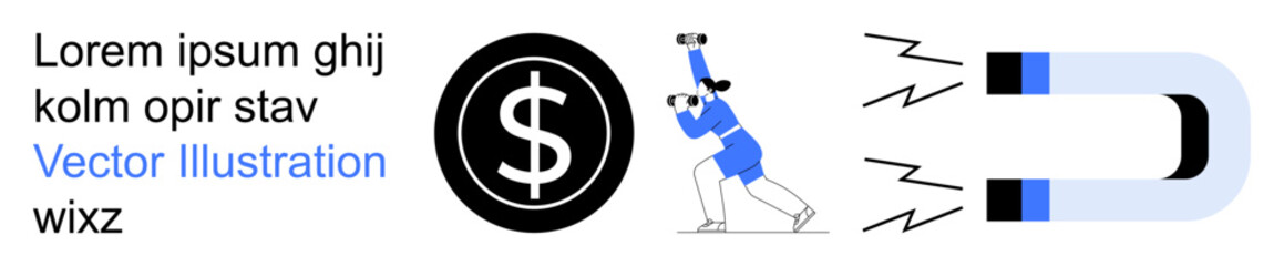 Obraz premium Marketing, financial growth, business strategy, customer acquisition, revenue generation, economic trends. Magnet pulling a dollar symbol with a person observing. Marketing and financial growth